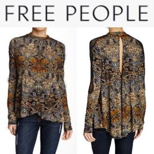 FREE PEOPLE NEW WORLD NOUVEAU LINEN BLEND LACE SLEEVE TUNIC BLOUSE IN COAL COMBO